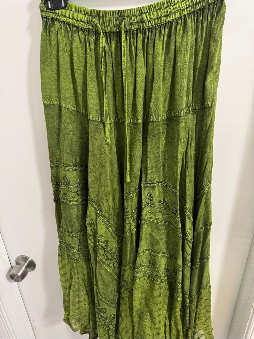Flowing Olive Green Tiered Maxi Skirt with Drawstring Waist